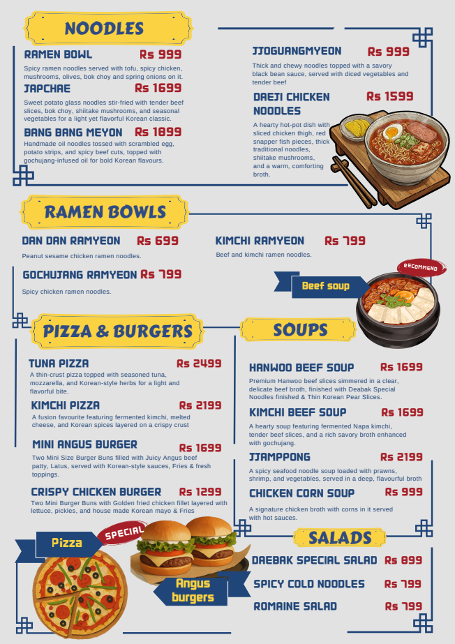 Daebak KBBQ Menu — Noodles, Pizza, Burgers, Soups and Salads